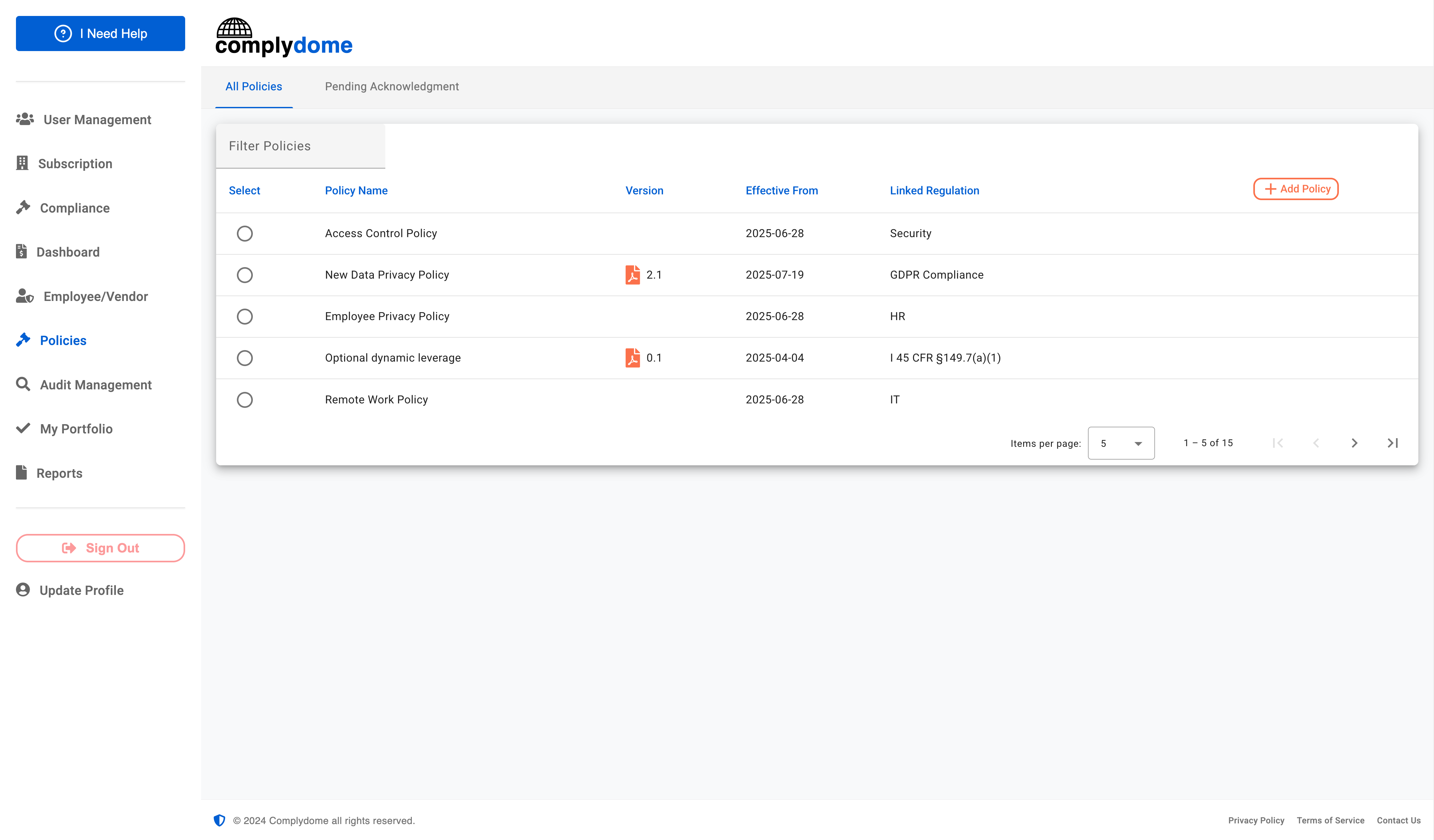 Create, edit, and track compliance policies.