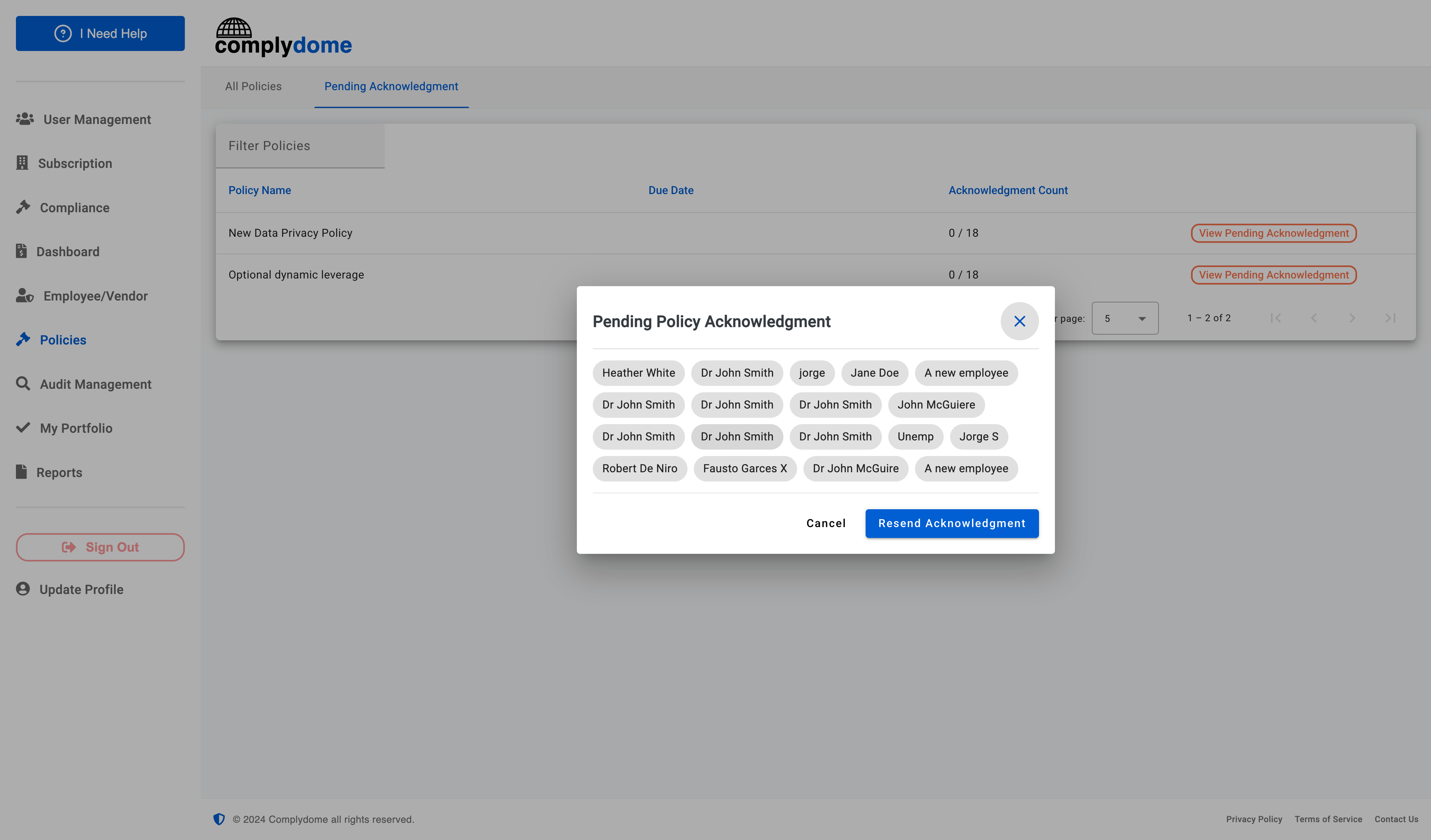 Track pending employee acknowledgments for policies.